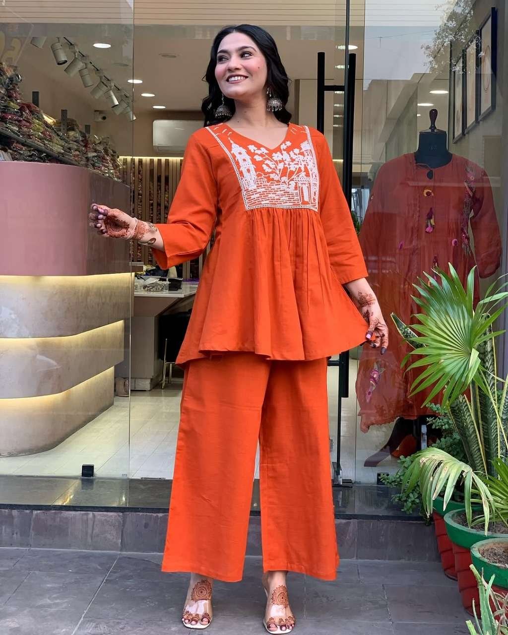 Women's Cotton Embroidered Flared Kurta With Pant Set